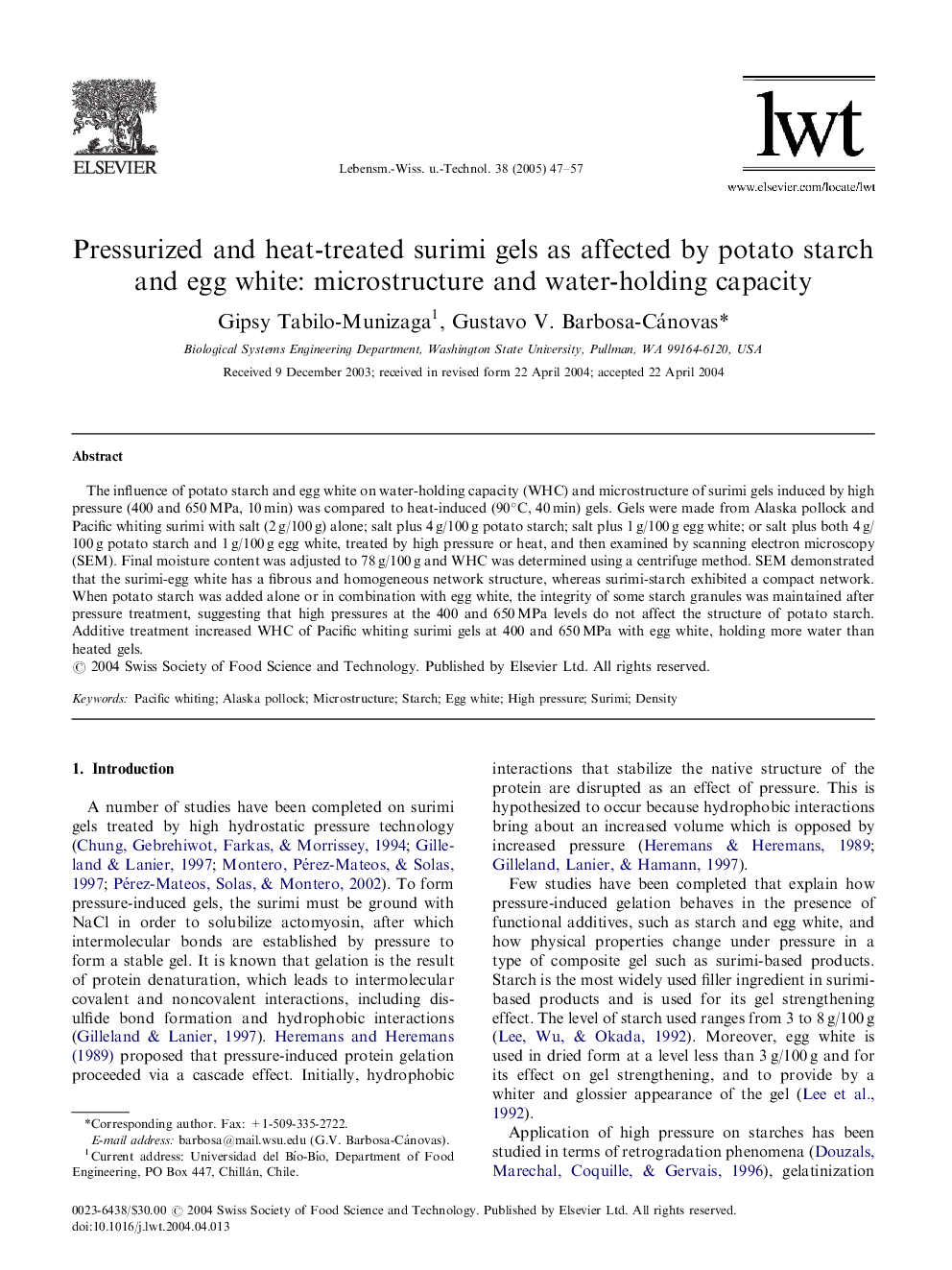 Pressurized and heat-treated surimi gels as affected by potato starch and egg white: microstructure and water-holding capacity