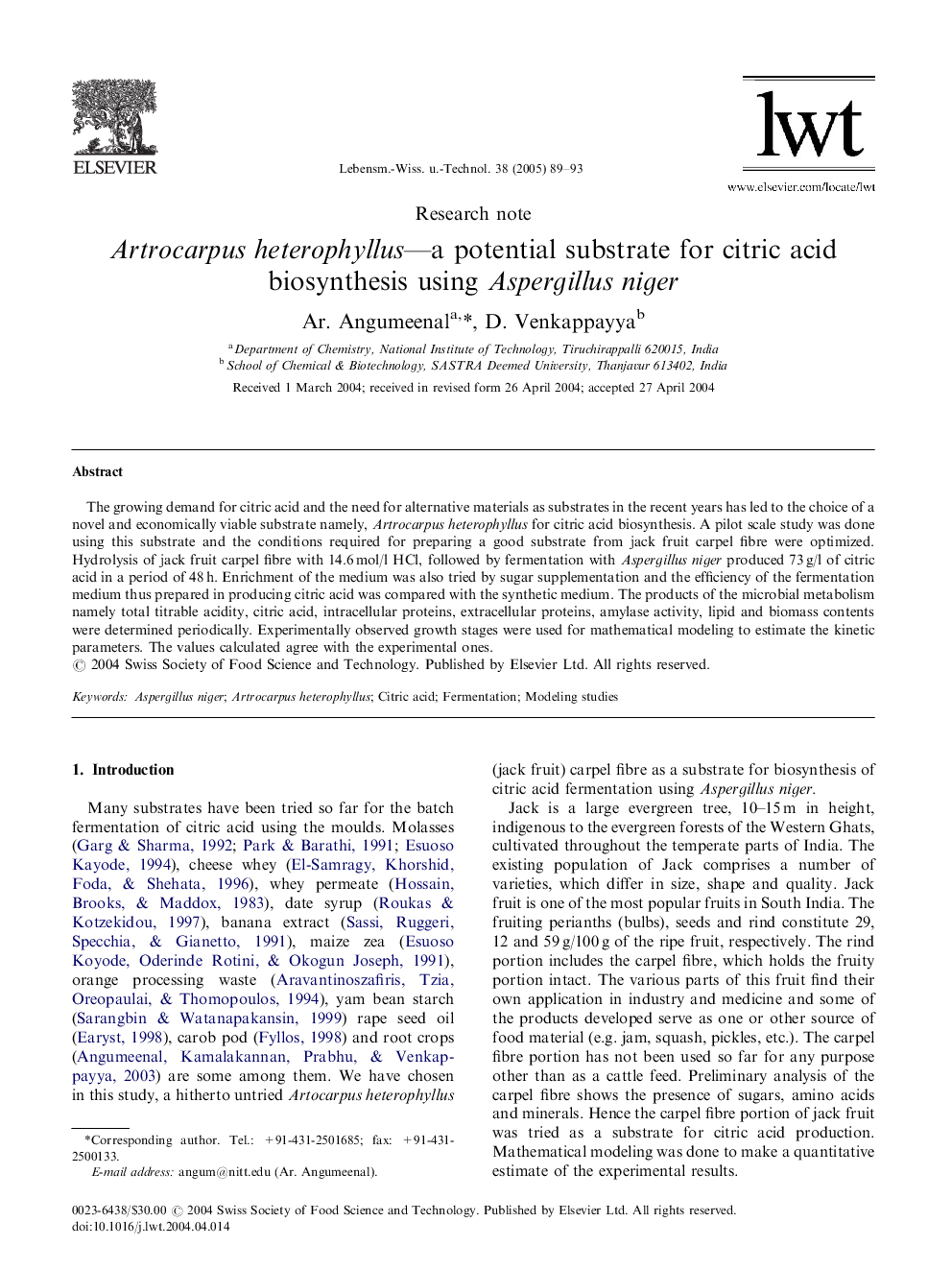 Artrocarpus heterophyllus-a potential substrate for citric acid biosynthesis using Aspergillus niger