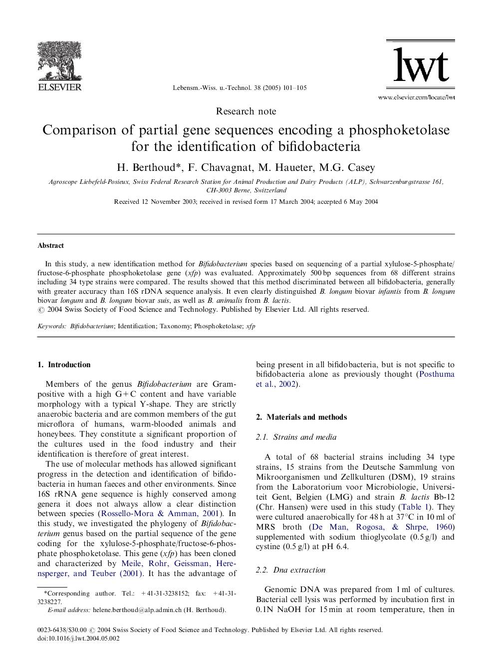 Comparison of partial gene sequences encoding a phosphoketolase for the identification of bifidobacteria