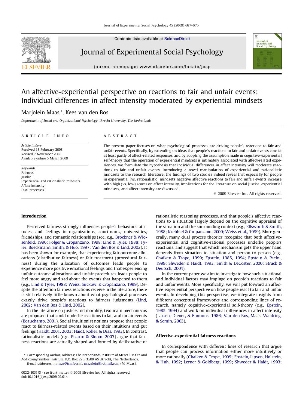 An affective-experiential perspective on reactions to fair and unfair events: Individual differences in affect intensity moderated by experiential mindsets