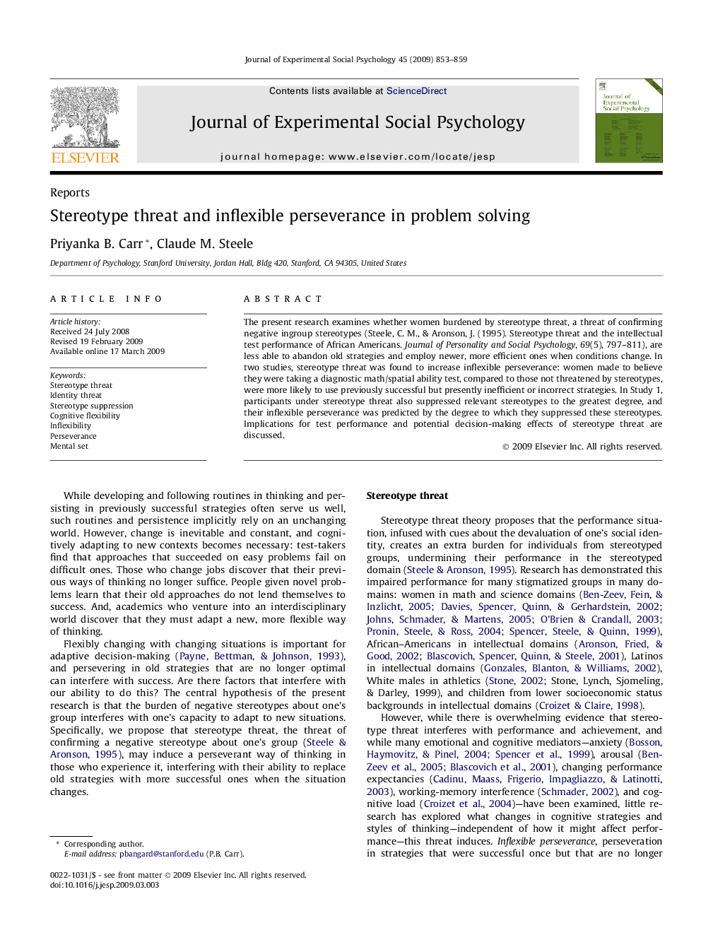 Stereotype threat and inflexible perseverance in problem solving