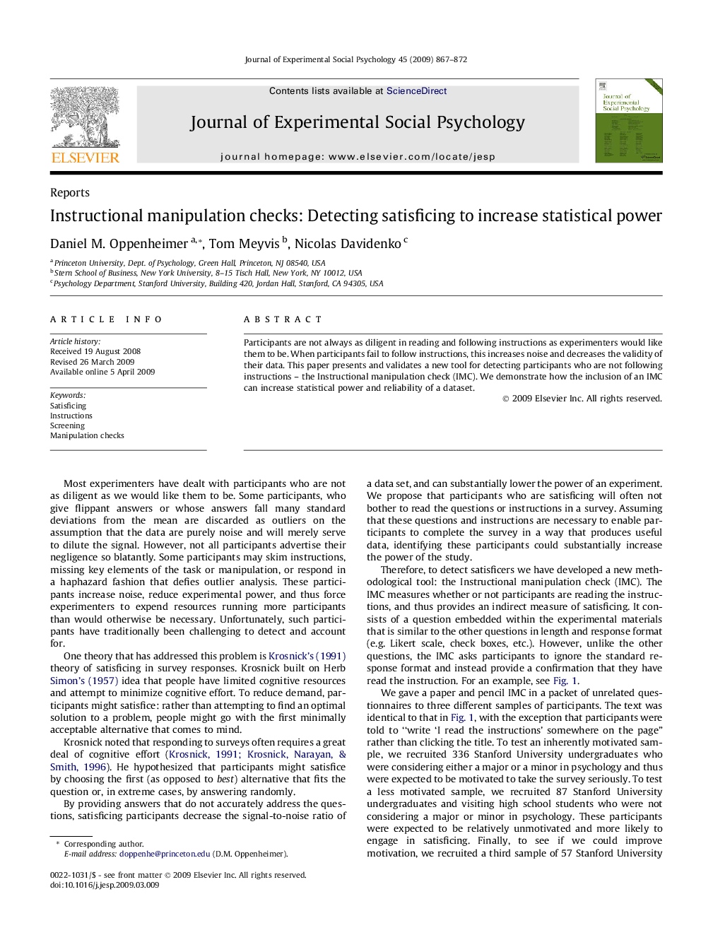 Instructional manipulation checks: Detecting satisficing to increase statistical power