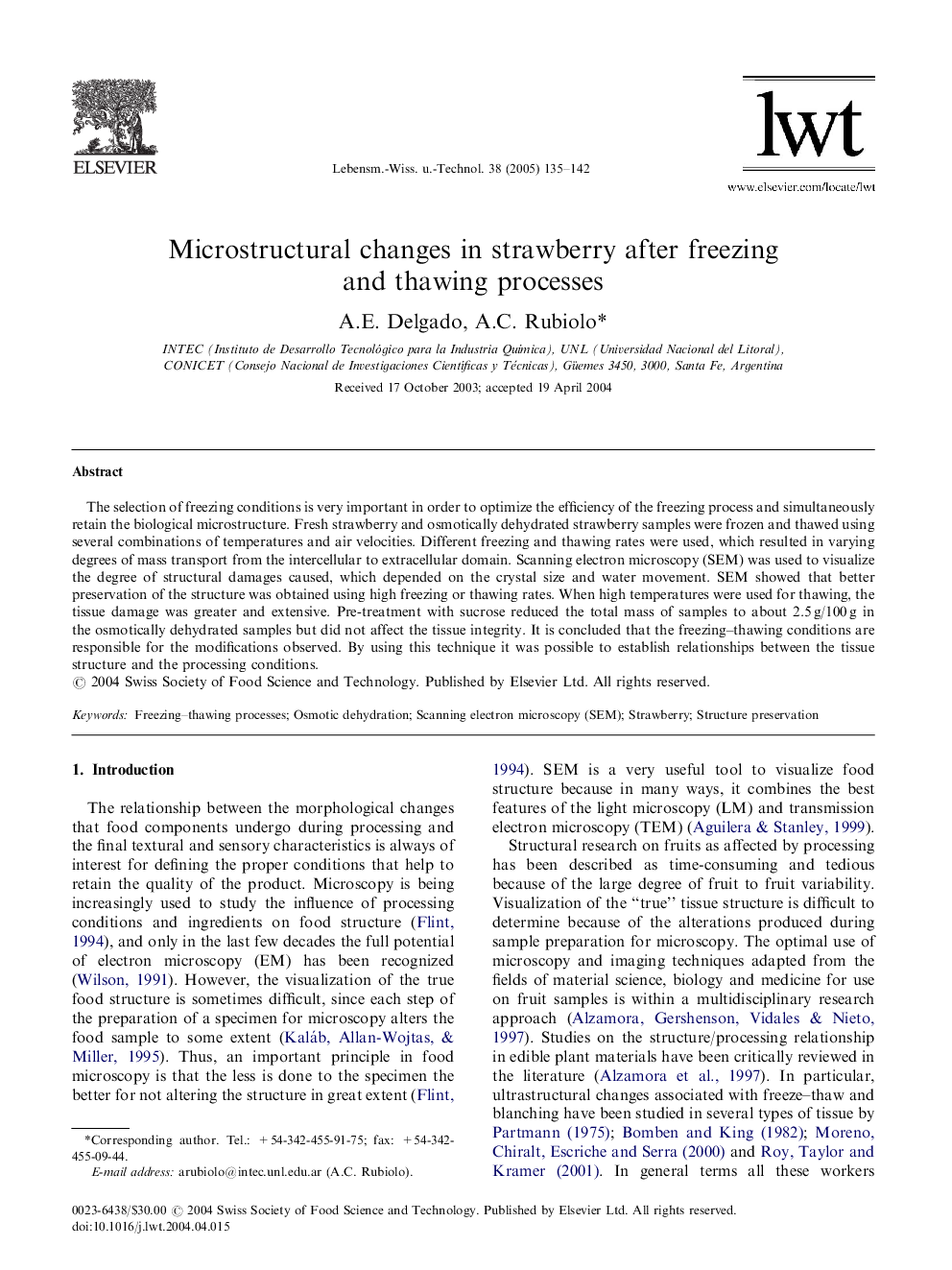 Microstructural changes in strawberry after freezing and thawing processes