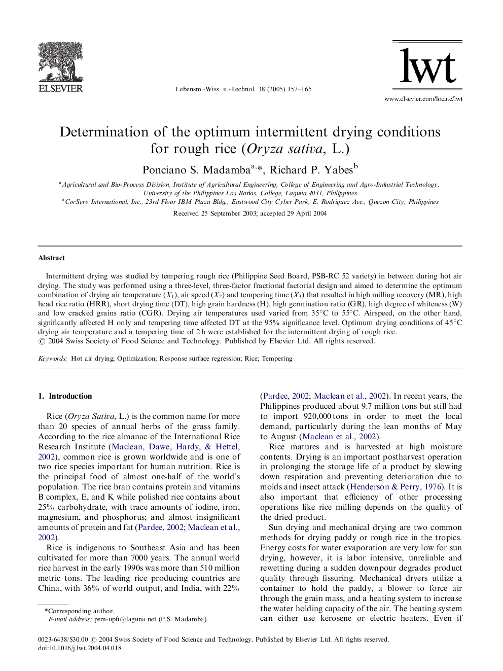 Determination of the optimum intermittent drying conditions for rough rice (Oryza sativa, L.)