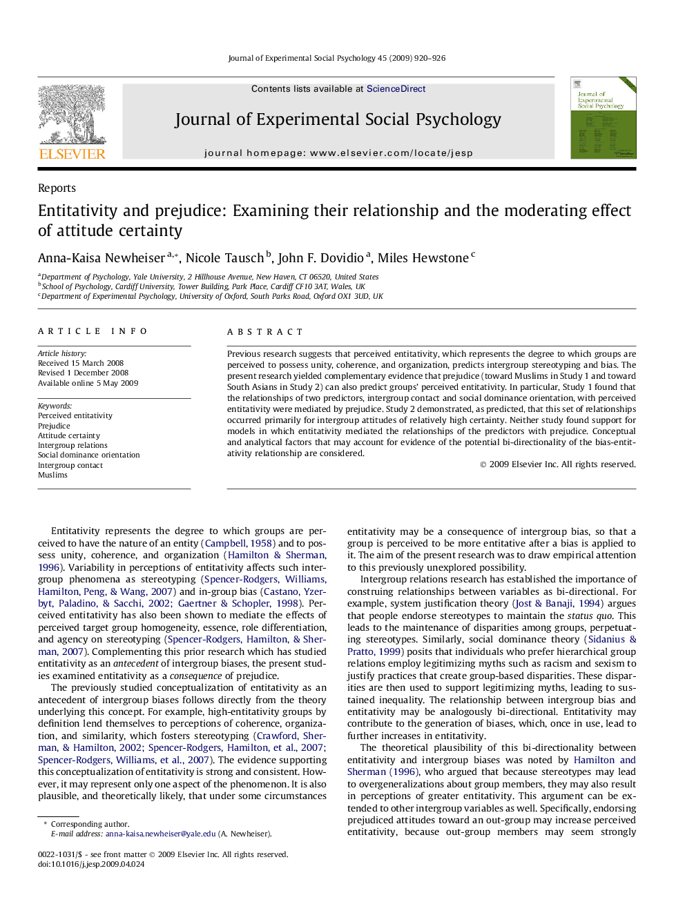 Entitativity and prejudice: Examining their relationship and the moderating effect of attitude certainty