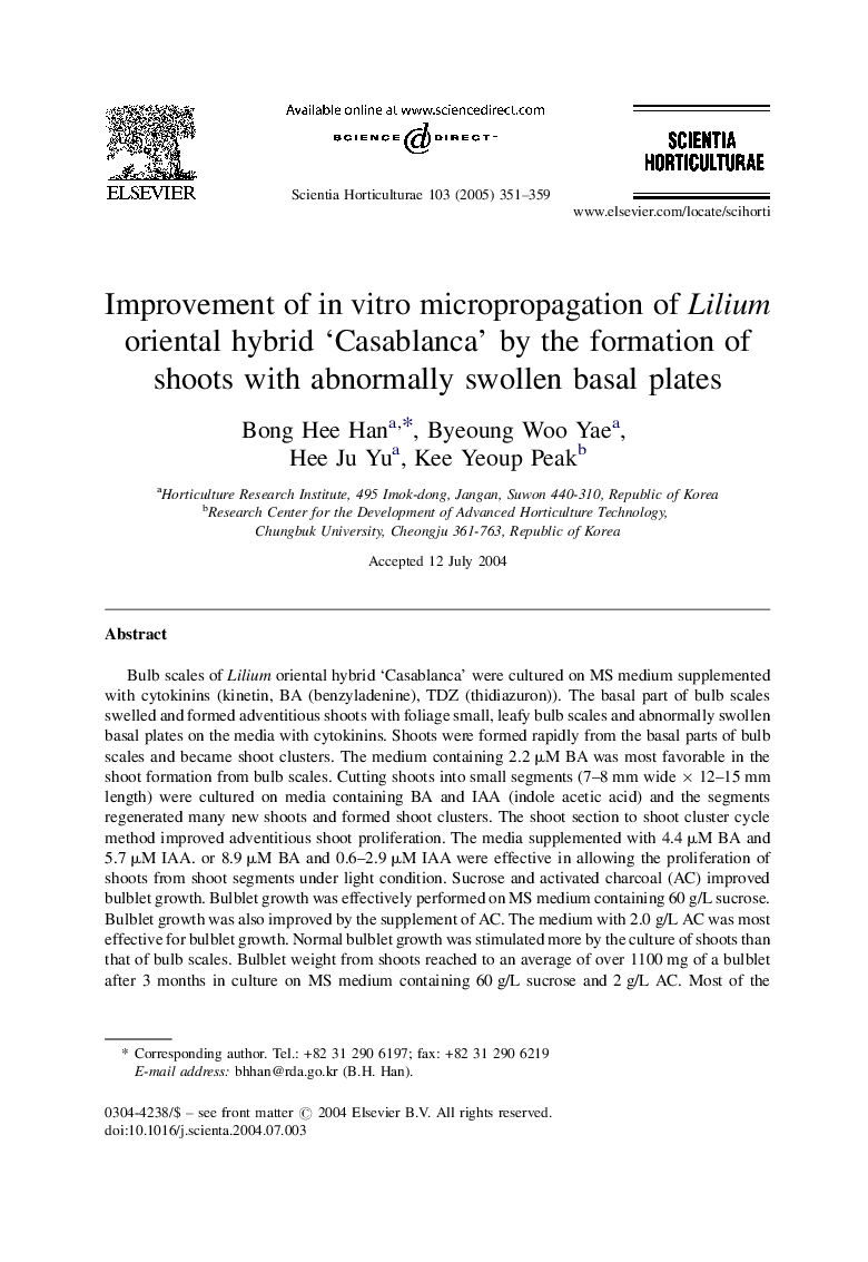 Improvement of in vitro micropropagation of Lilium oriental hybrid 'Casablanca' by the formation of shoots with abnormally swollen basal plates