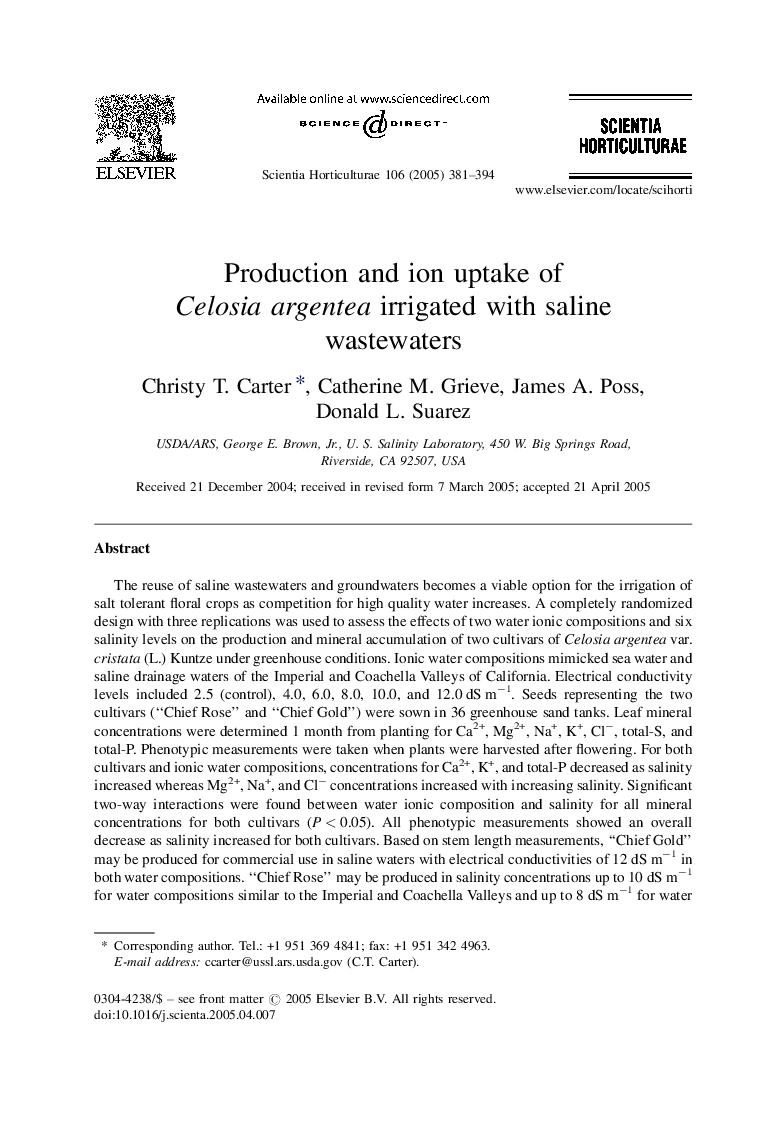Production and ion uptake of Celosia argentea irrigated with saline wastewaters