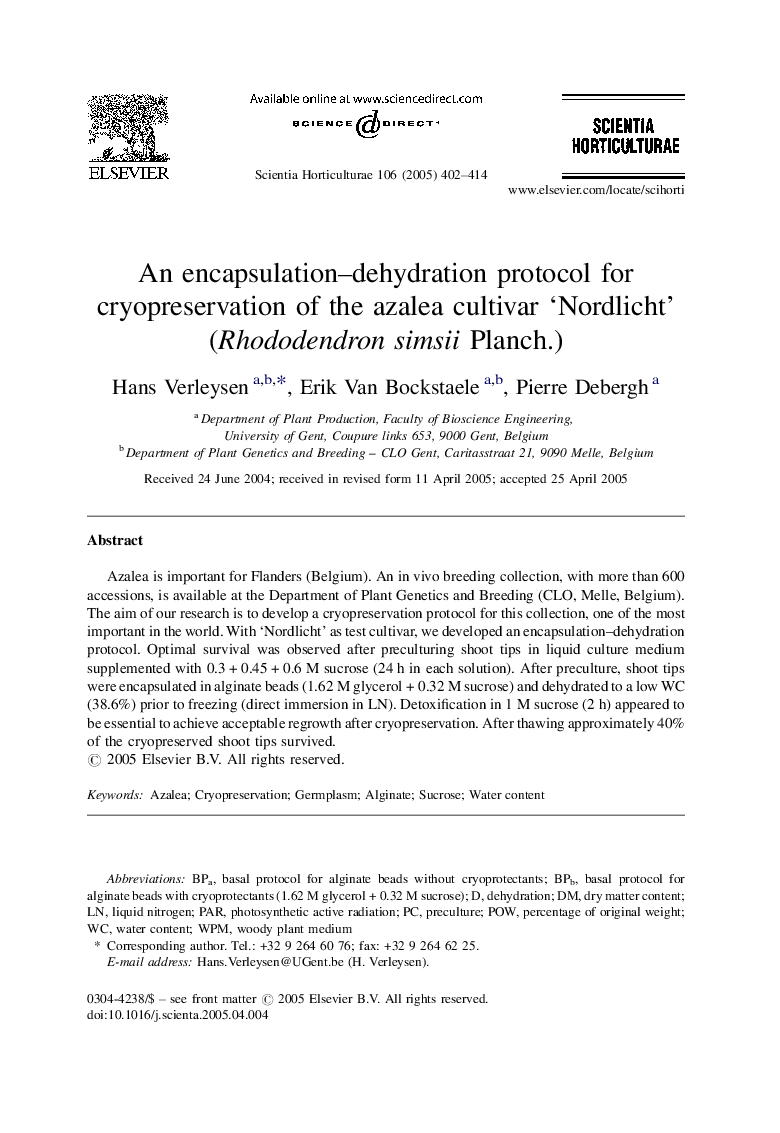 An encapsulation-dehydration protocol for cryopreservation of the azalea cultivar 'Nordlicht' (Rhododendron simsii Planch.)