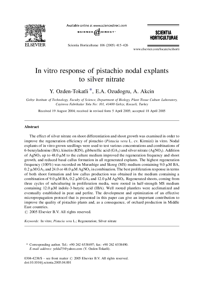 In vitro response of pistachio nodal explants to silver nitrate