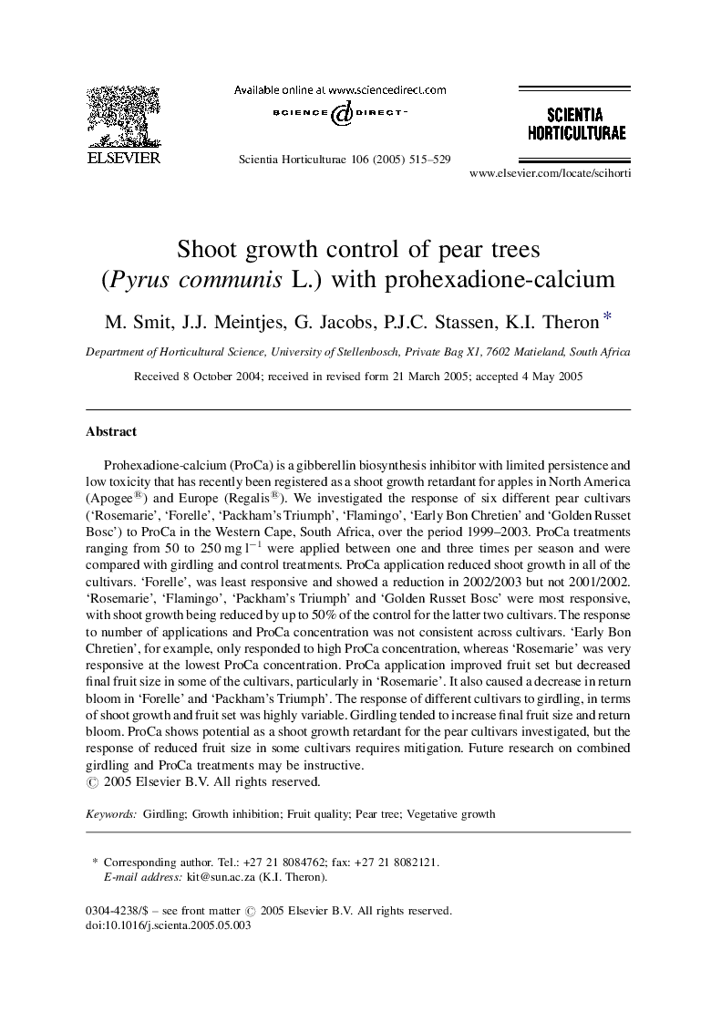 Shoot growth control of pear trees (Pyrus communis L.) with prohexadione-calcium