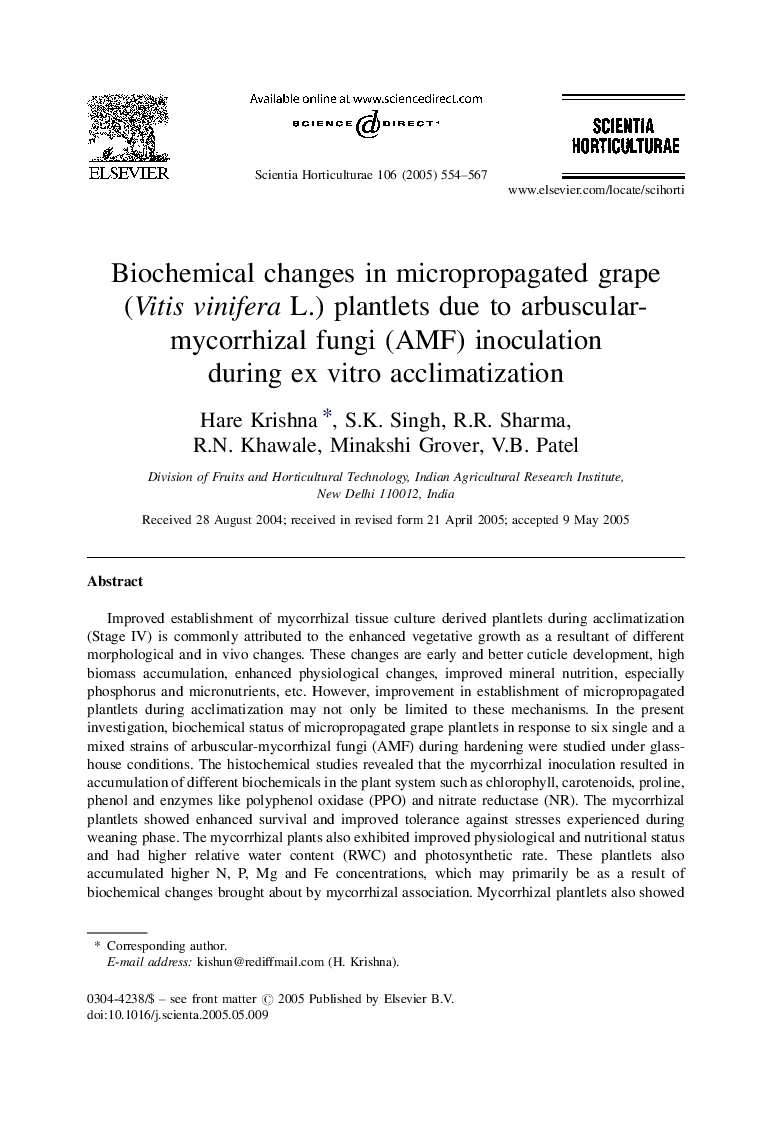 Biochemical changes in micropropagated grape (Vitis vinifera L.) plantlets due to arbuscular-mycorrhizal fungi (AMF) inoculation during ex vitro acclimatization