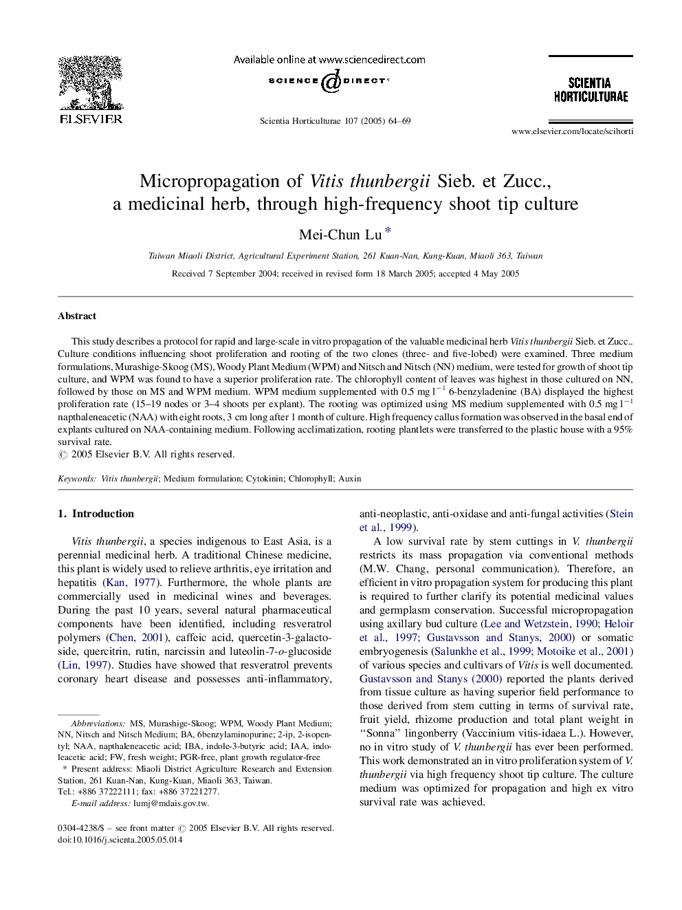 Micropropagation of Vitis thunbergii Sieb. et Zucc., a medicinal herb, through high-frequency shoot tip culture