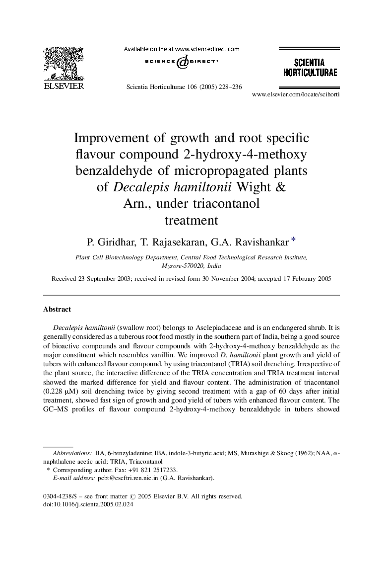 Improvement of growth and root specific flavour compound 2-hydroxy-4-methoxy benzaldehyde of micropropagated plants of Decalepis hamiltonii Wight & Arn., under triacontanol treatment