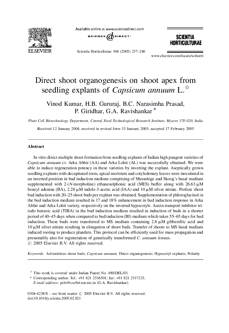 Direct shoot organogenesis on shoot apex from seedling explants of Capsicum annuum L.
