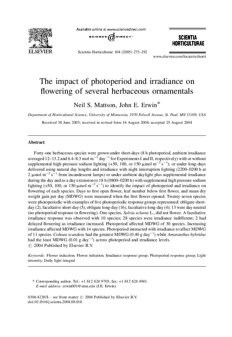 The impact of photoperiod and irradiance on flowering of several herbaceous ornamentals