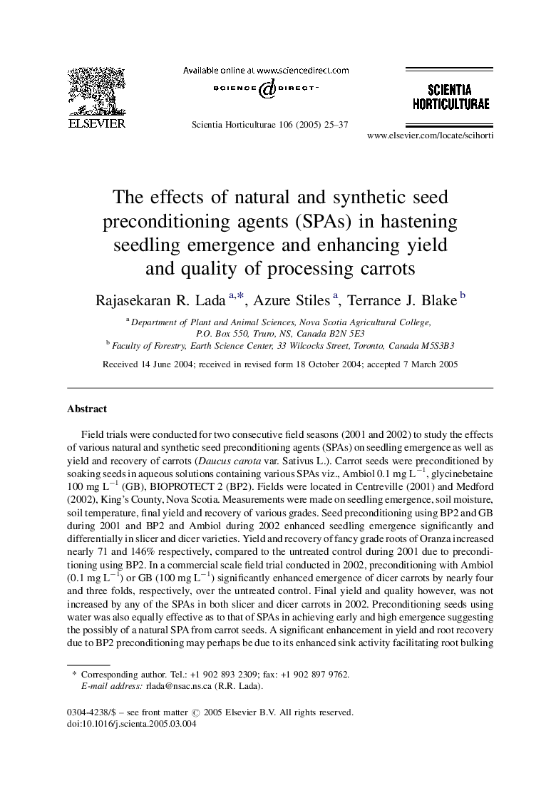 The effects of natural and synthetic seed preconditioning agents (SPAs) in hastening seedling emergence and enhancing yield and quality of processing carrots