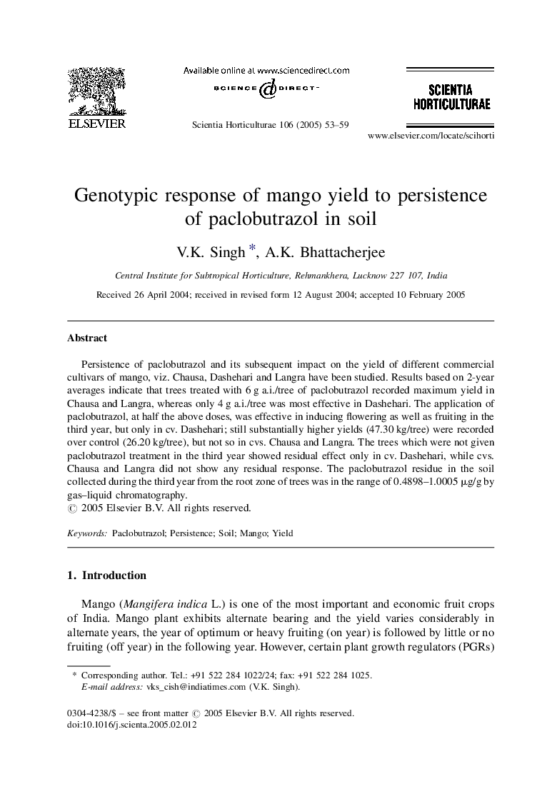 Genotypic response of mango yield to persistence of paclobutrazol in soil