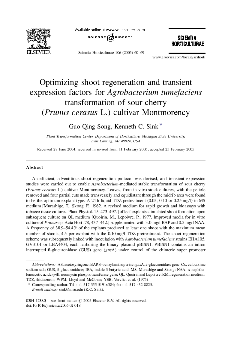 Optimizing shoot regeneration and transient expression factors for Agrobacterium tumefaciens transformation of sour cherry (Prunus cerasus L.) cultivar Montmorency