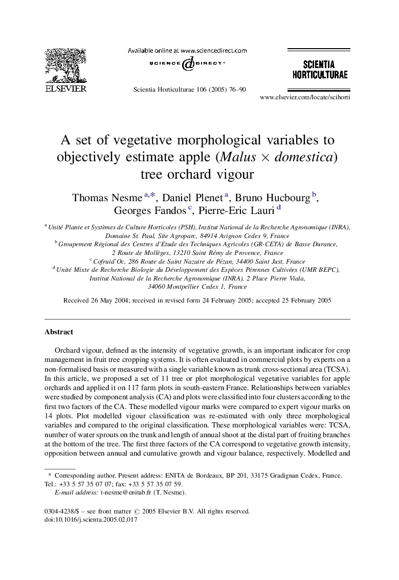 A set of vegetative morphological variables to objectively estimate apple (MalusÂ ÃÂ domestica) tree orchard vigour