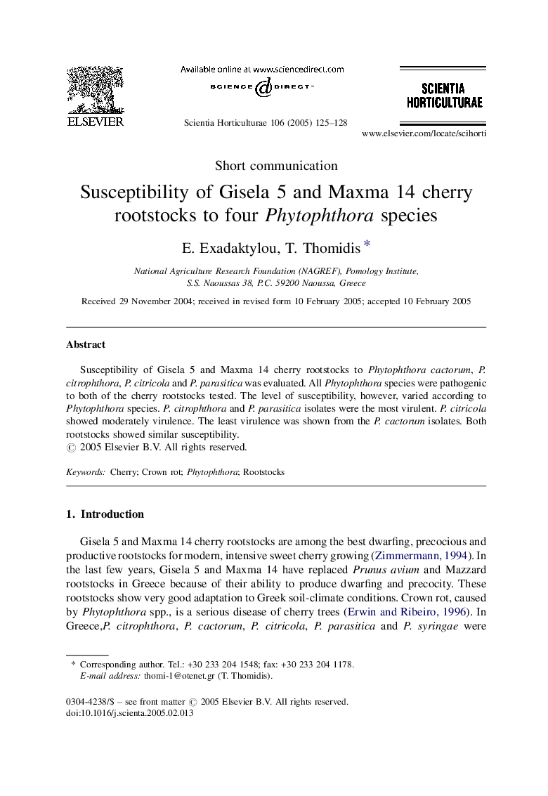 Susceptibility of Gisela 5 and Maxma 14 cherry rootstocks to four Phytophthora species