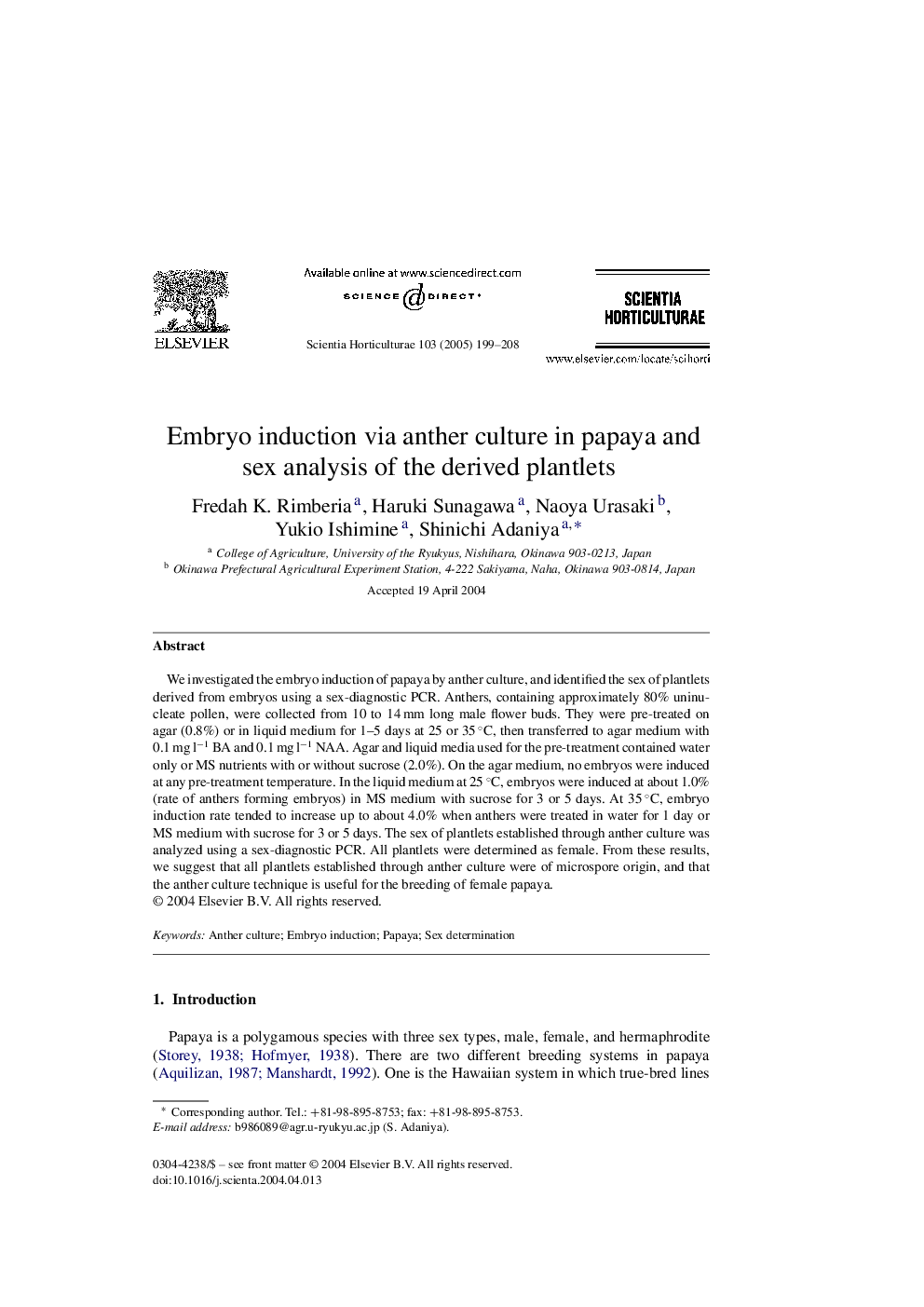 عکس صفحه اول مقاله: Embryo induction via anther culture in papaya and sex analysis of the derived plantlets Embryo induction via anther culture in papaya and sex analysis of the derived plantlets