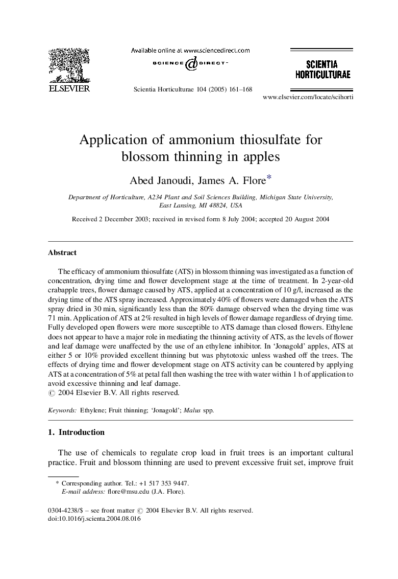 Application of ammonium thiosulfate for blossom thinning in apples