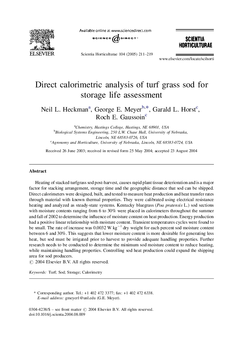 Direct calorimetric analysis of turf grass sod for storage life assessment