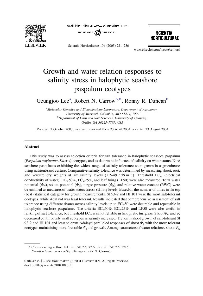 Growth and water relation responses to salinity stress in halophytic seashore paspalum ecotypes