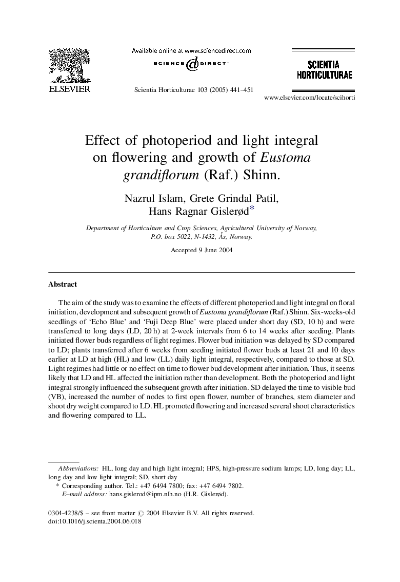 Effect of photoperiod and light integral on flowering and growth of Eustoma grandiflorum (Raf.) Shinn.