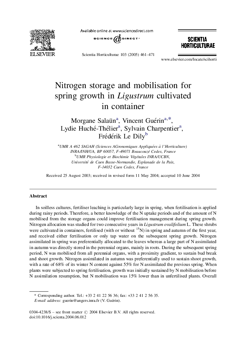 Nitrogen storage and mobilisation for spring growth in Ligustrum cultivated in container