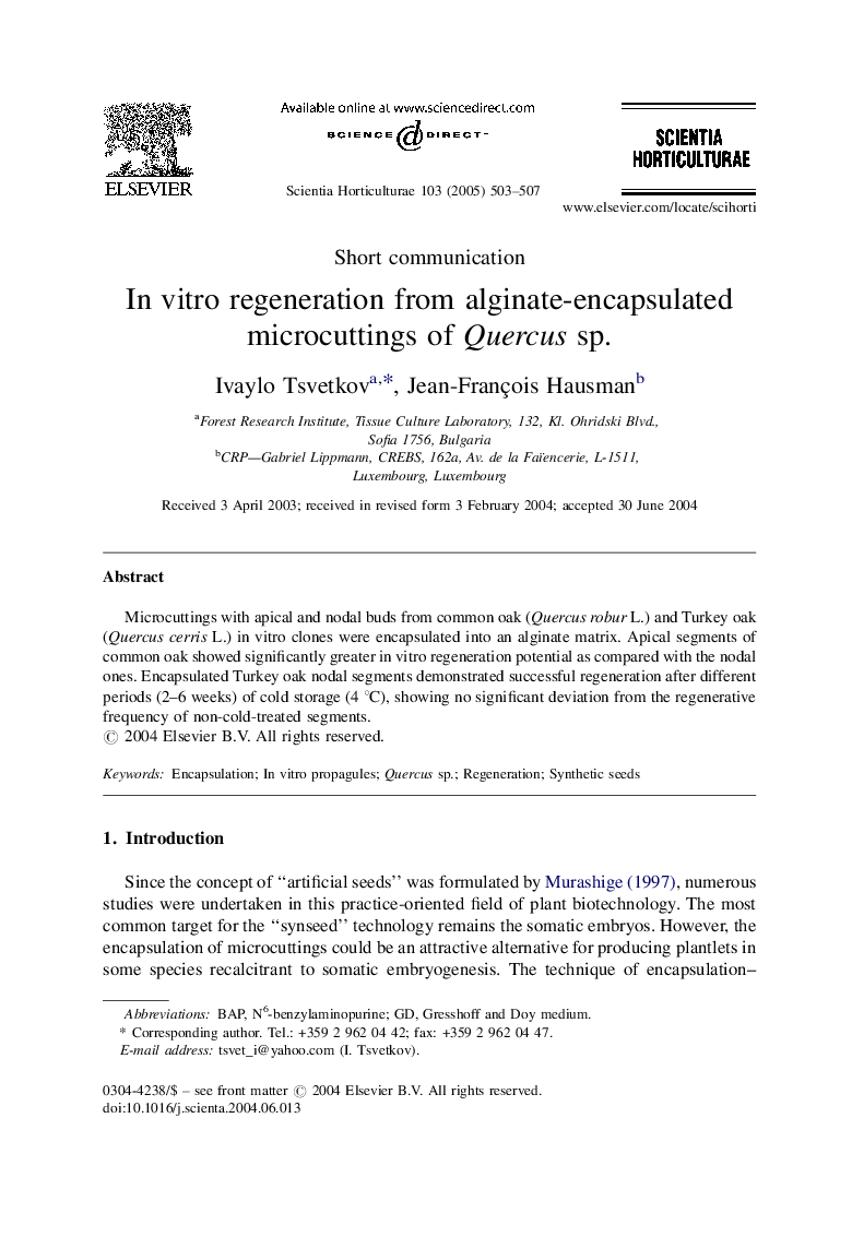 In vitro regeneration from alginate-encapsulated microcuttings of Quercus sp.