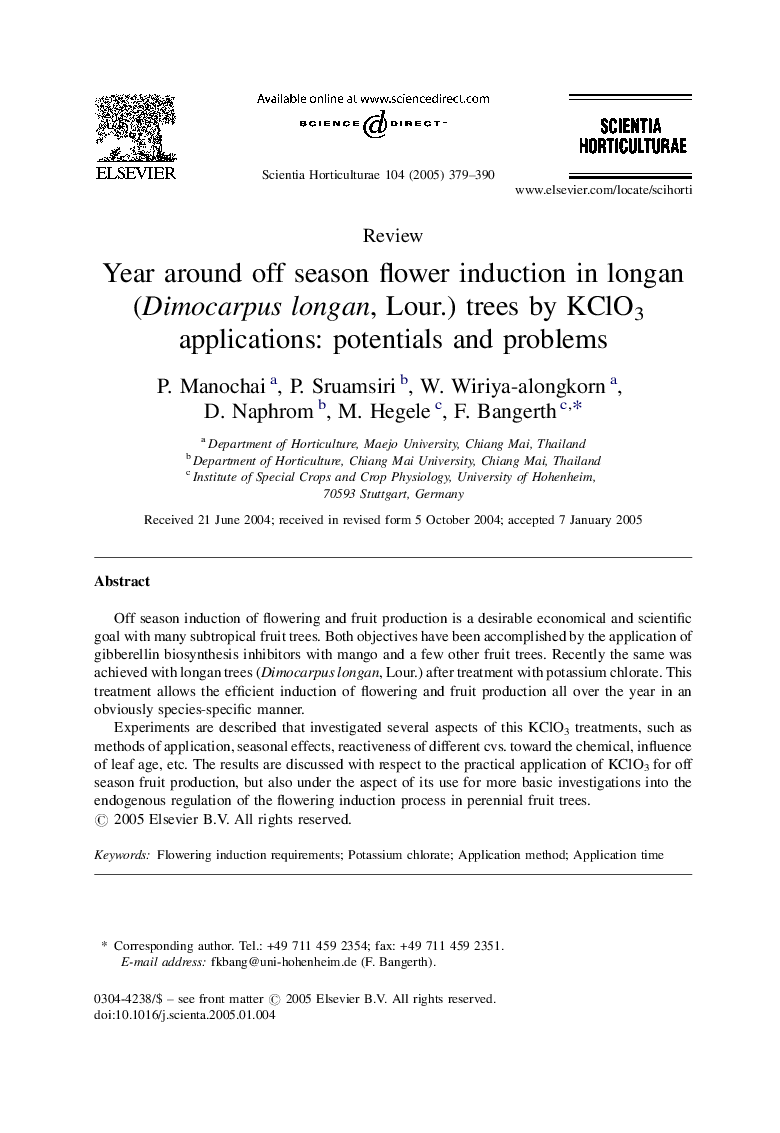 Year around off season flower induction in longan (Dimocarpus longan, Lour.) trees by KClO3 applications: potentials and problems