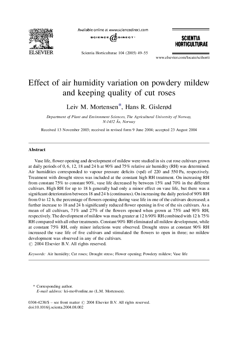 Effect of air humidity variation on powdery mildew and keeping quality of cut roses