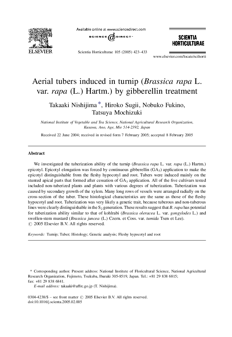 Aerial tubers induced in turnip (Brassica rapa L. var. rapa (L.) Hartm.) by gibberellin treatment