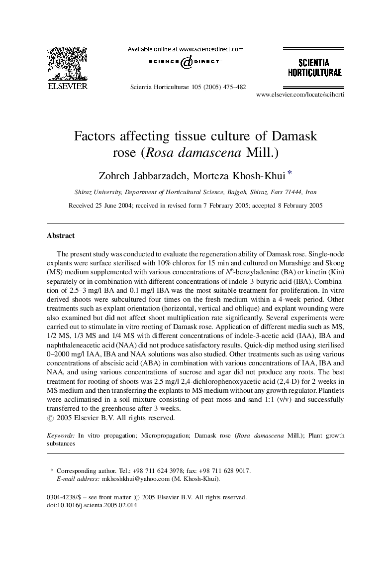 Factors affecting tissue culture of Damask rose (Rosa damascena Mill.)