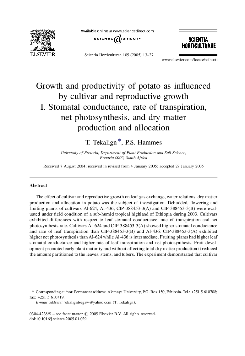 Growth and productivity of potato as influenced by cultivar and reproductive growth