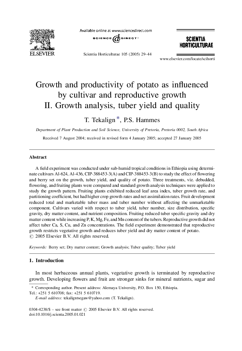 Growth and productivity of potato as influenced by cultivar and reproductive growth