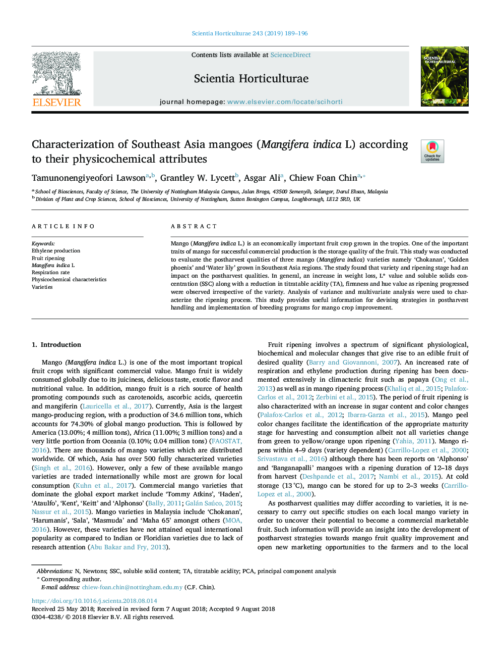 Characterization of Southeast Asia mangoes (Mangifera indica L) according to their physicochemical attributes