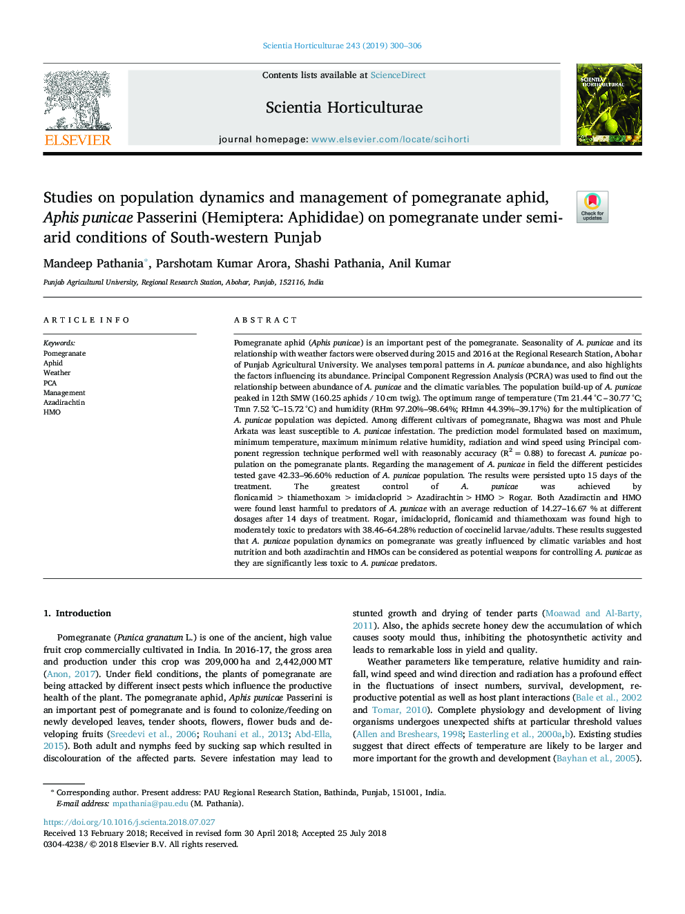 Studies on population dynamics and management of pomegranate aphid, Aphis punicae Passerini (Hemiptera: Aphididae) on pomegranate under semi-arid conditions of South-western Punjab
