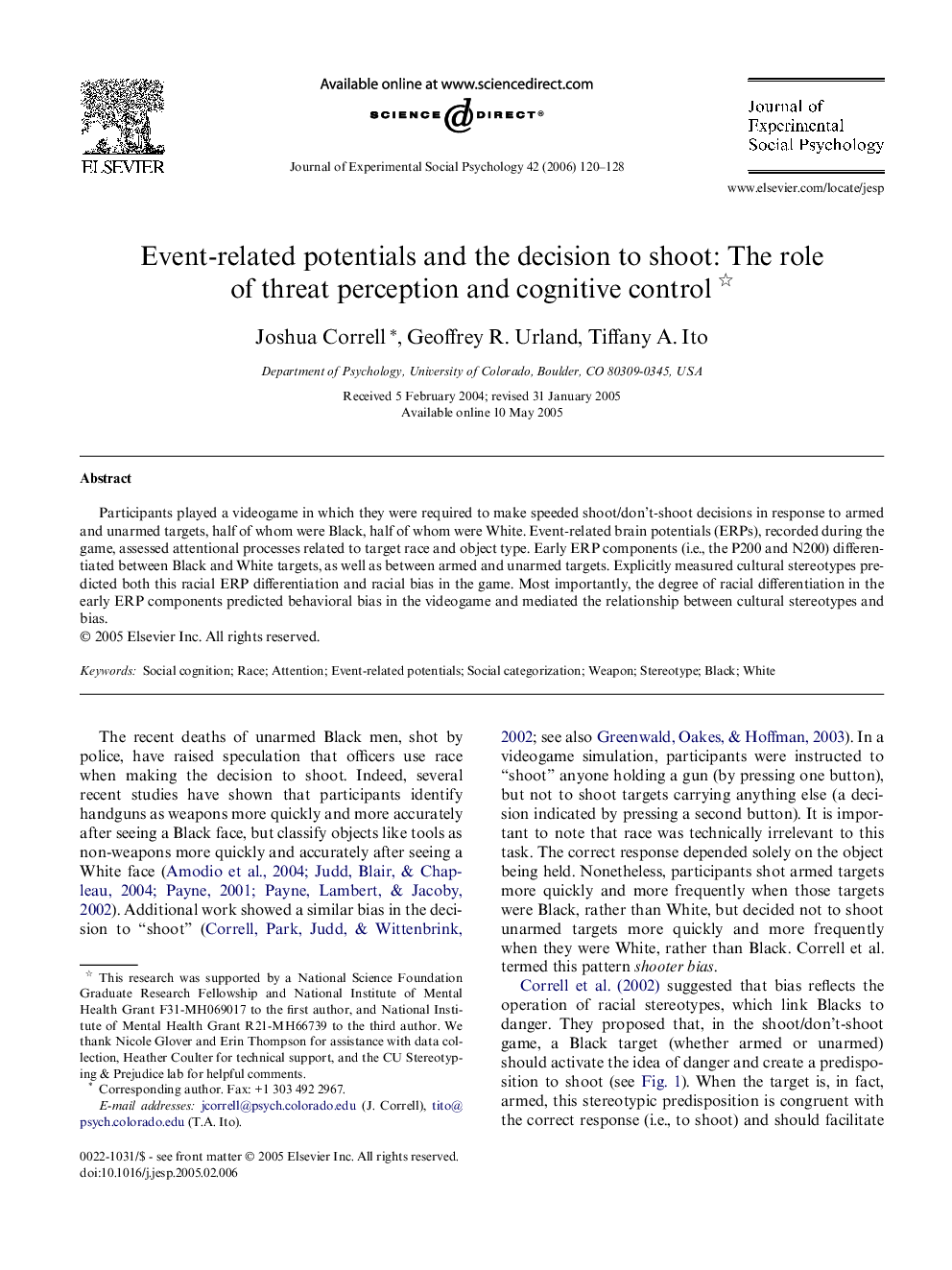 Event-related potentials and the decision to shoot: The role of threat perception and cognitive control 