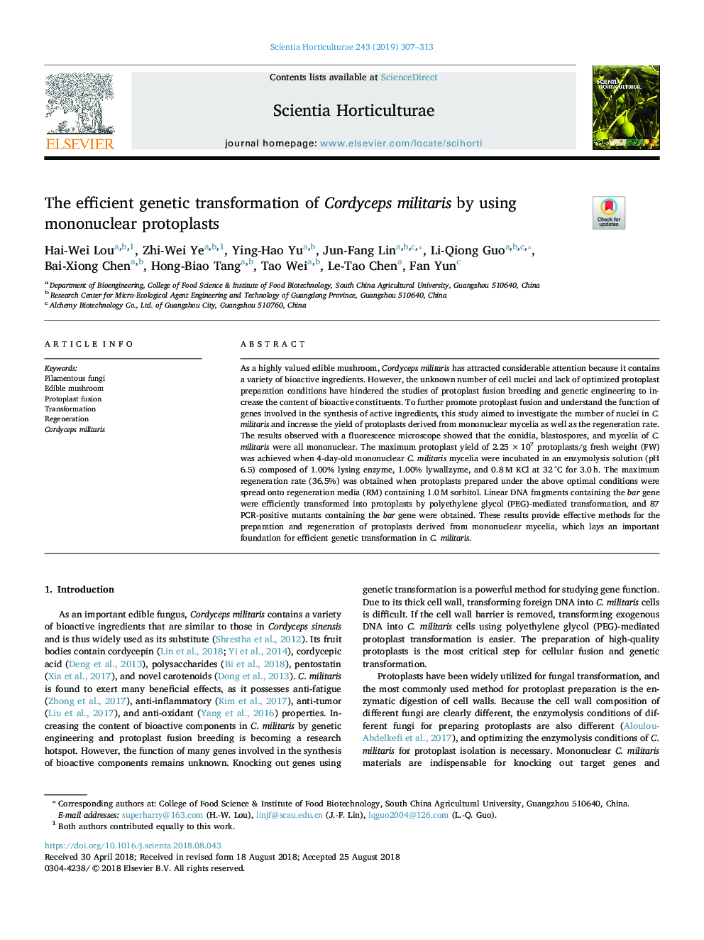 The efficient genetic transformation of Cordyceps militaris by using mononuclear protoplasts