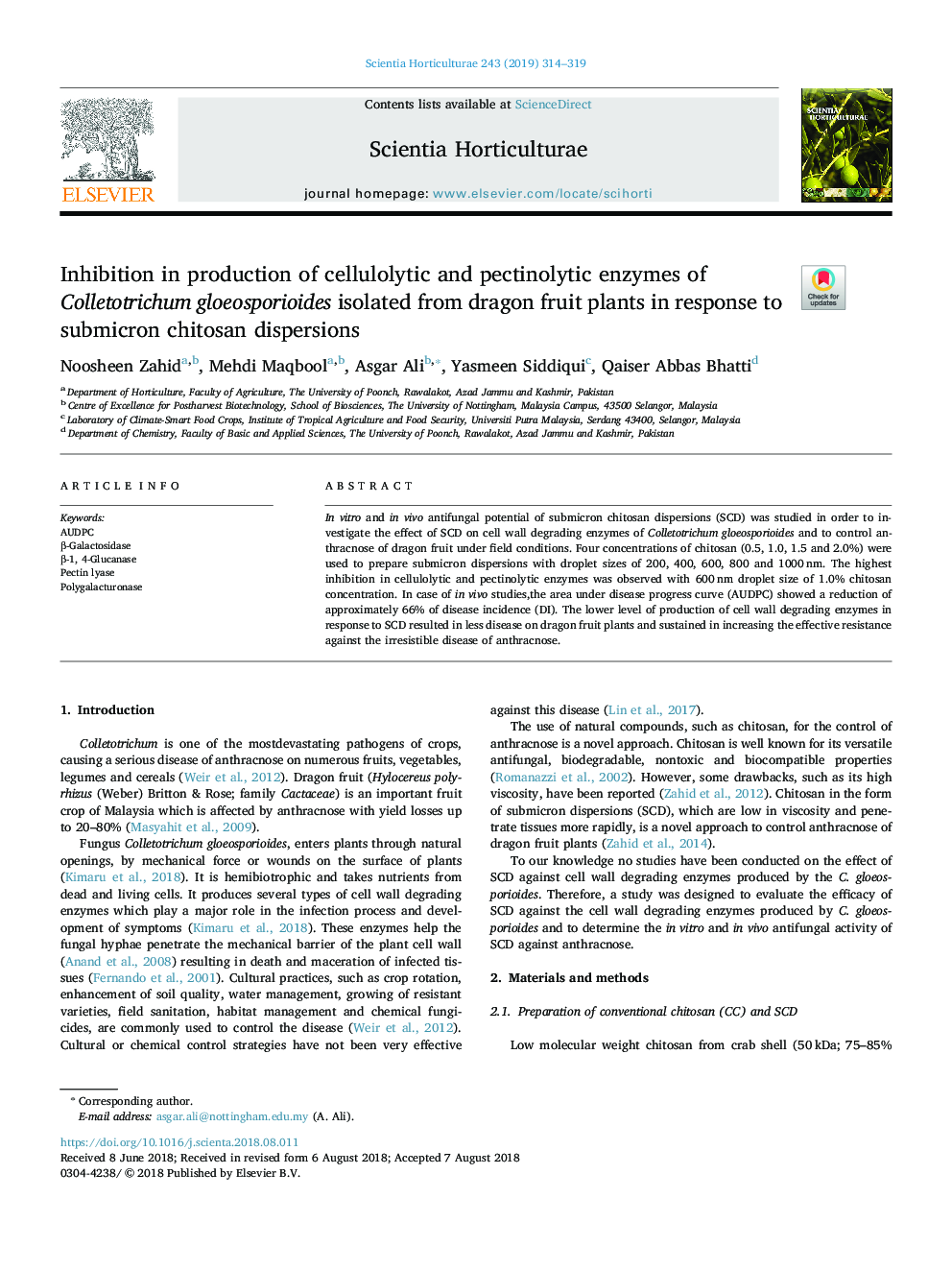 Inhibition in production of cellulolytic and pectinolytic enzymes of Colletotrichum gloeosporioides isolated from dragon fruit plants in response to submicron chitosan dispersions