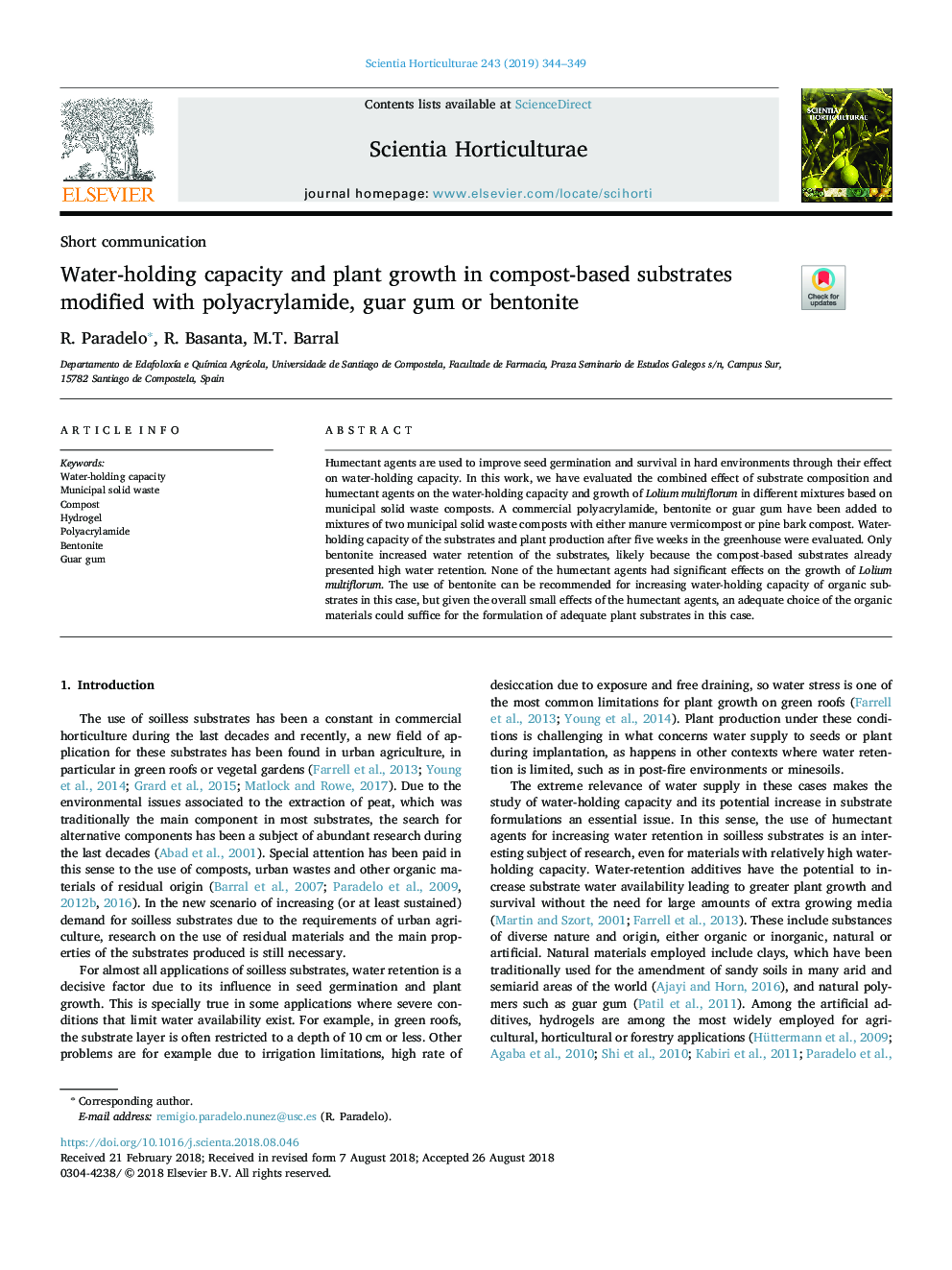 Water-holding capacity and plant growth in compost-based substrates modified with polyacrylamide, guar gum or bentonite