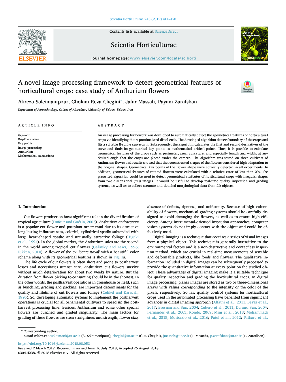 A novel image processing framework to detect geometrical features of horticultural crops: case study of Anthurium flowers