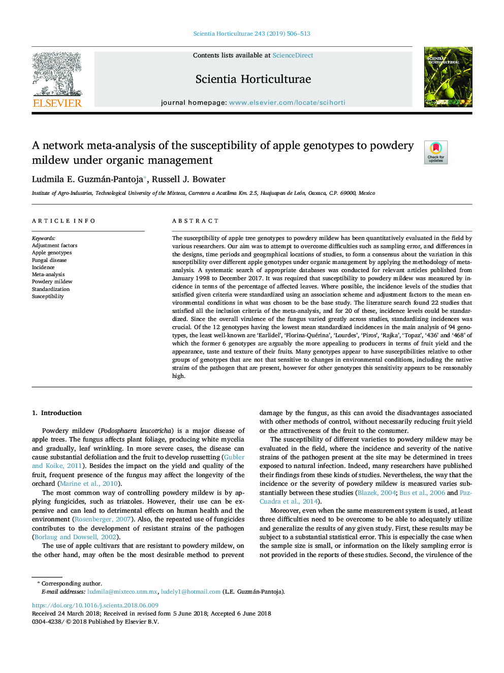 A network meta-analysis of the susceptibility of apple genotypes to powdery mildew under organic management