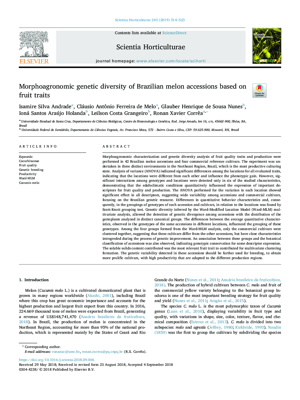 Morphoagronomic genetic diversity of Brazilian melon accessions based on fruit traits