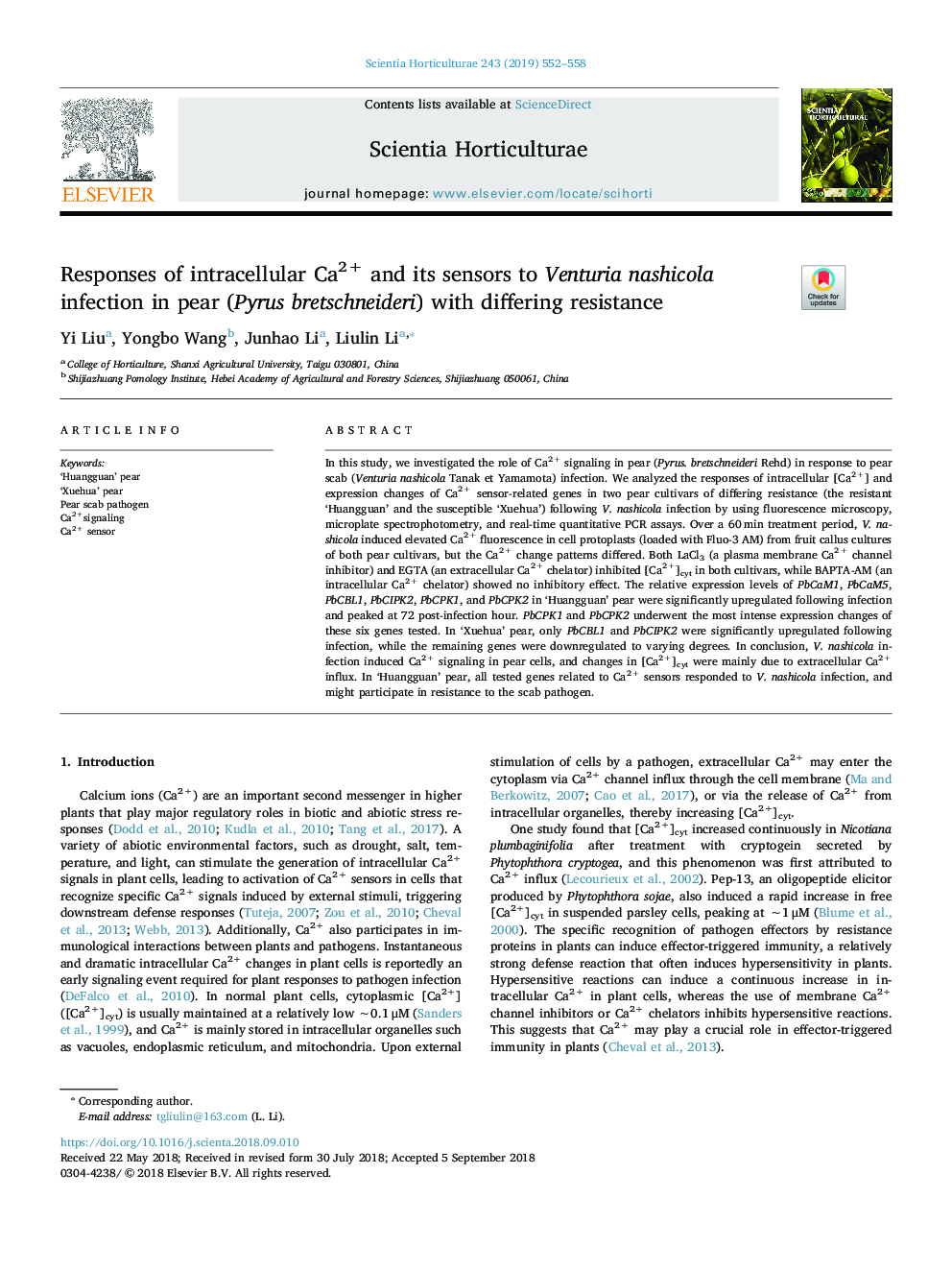 Responses of intracellular Ca2+ and its sensors to Venturia nashicola infection in pear (Pyrus bretschneideri) with differing resistance