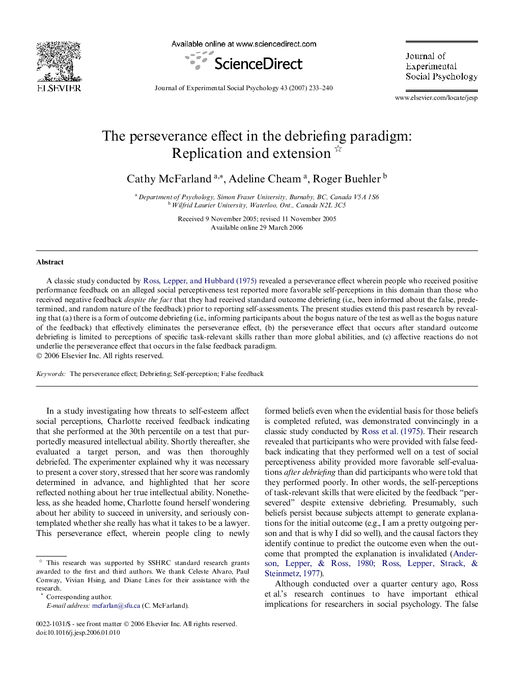 The perseverance effect in the debriefing paradigm: Replication and extension 