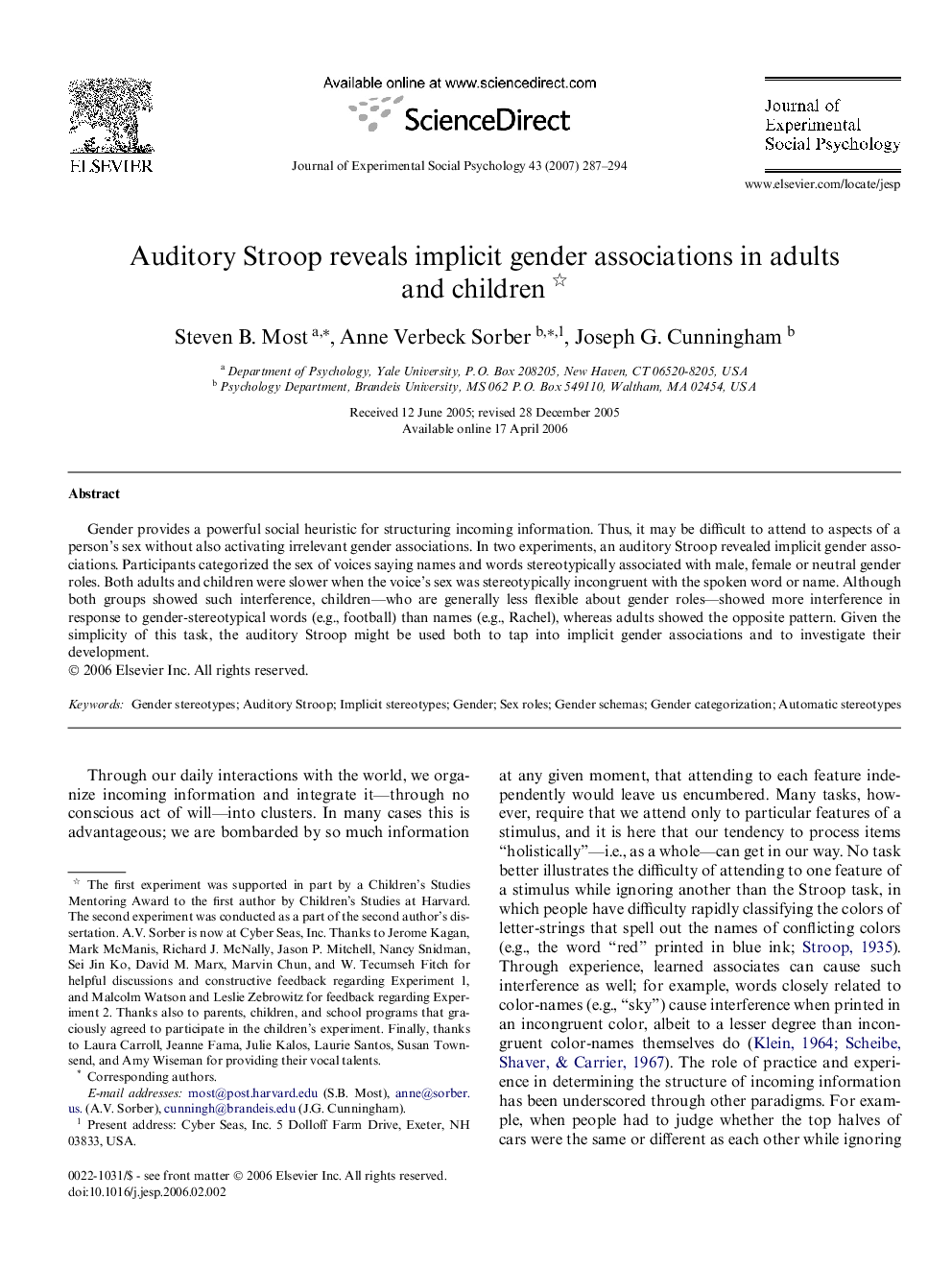 Auditory Stroop reveals implicit gender associations in adults and children 