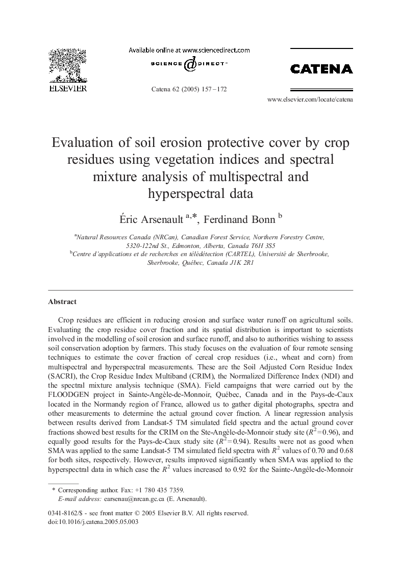 Evaluation of soil erosion protective cover by crop residues using vegetation indices and spectral mixture analysis of multispectral and hyperspectral data